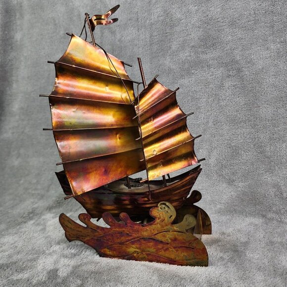 Vintage Copper Art Musical Kinetic Sailing Ship Plays Beyond the Reef Music - Picture 3 of 16
